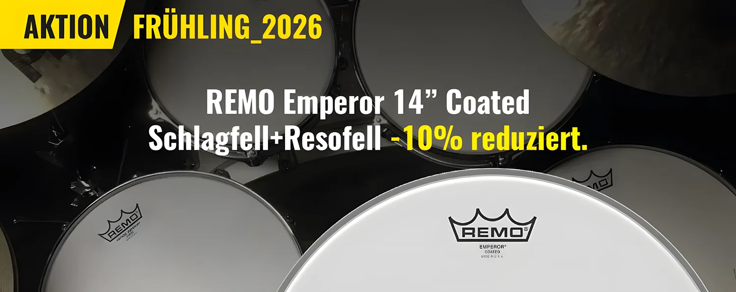 Banner Frühlings-Aktion 2026, REMO Emperor 14 Zoll, coated, Schlagfell+Resofell -10% reduziert