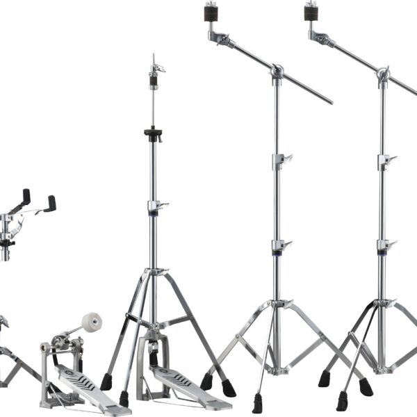 Komplettes Hardware Set Einstrebig HW680 bestehend aus zwei Beckengalgenständer, einem HiHat Ständer, einem Snare Ständer und einem Bass Drum Pedal
