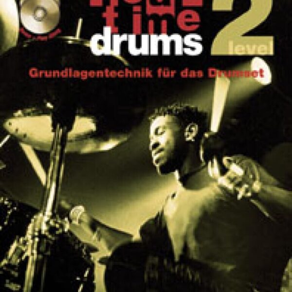 Cover des Schlagzeug-Lehrbuchs „Real Time Drums Band 2“ mit Übungen zu Grooves, Fills und Technik für Fortgeschrittene