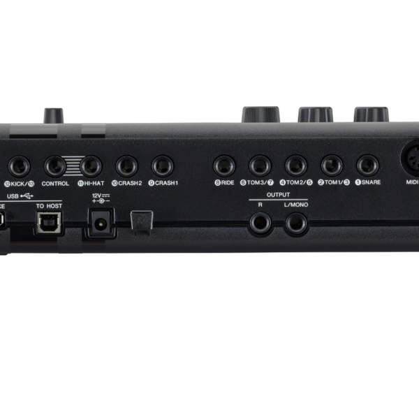 DTX-Pro Modul Anschlüsse: Trigger inputs 1-14 (14 max. bei Benutztung von Y-Kabel), OUTPUT L/MONO, R, DC IN (+12V), USB TO DEVICE, USB TO HOST, MIDI Out