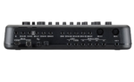 Anschlüsse des DTX Pro Modul von Yamaha: DC IN (+12V), AUX In, Midi out, Midi In, USB to Device, USB to Host, OUTPUT L/MONO, R, Trigger Inputs [Trigger inputs 1, 14: (Standard stereo phone, L: Trigger, R: Rim switch / Trigger), 2/3, 4/5, 6/7, 12/13: (Standard stereo phone, L: Trigger, R: Trigger), 8, 9, 10, 11: (Standard stereo phone, L: Trigger, R: Rim switch) ]