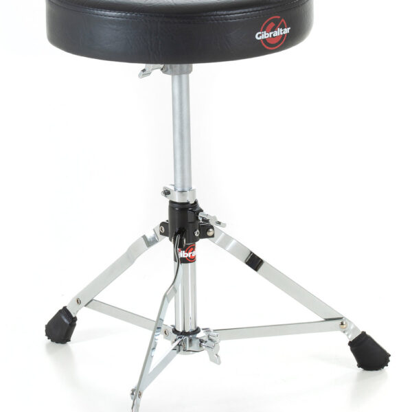 Gibraltar 5608 Drummer Hocker mit runder schwarzer Vinyl-Sitzfläche, einstrebigem Untergestell und höhenverstellbarer Konstruktion.