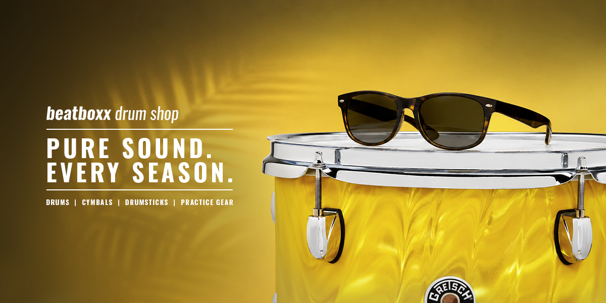 beatboxxShop_banner_1200x600_Sommer beatboxx drumshop sommer banner Gretsch TomTom in Yellow Satin Flame mit Sonnerbrille