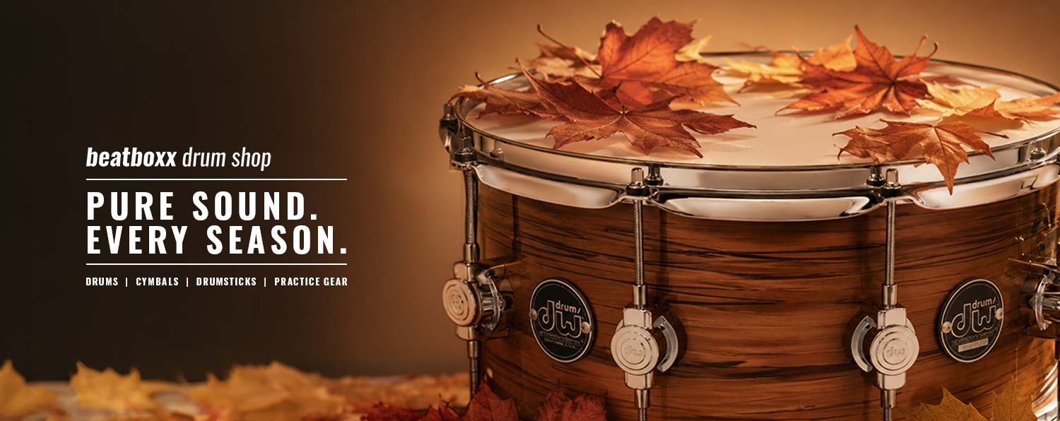 beatboxx drumshop Herbst banner DW Tigereye Snare mit Herbstblättern